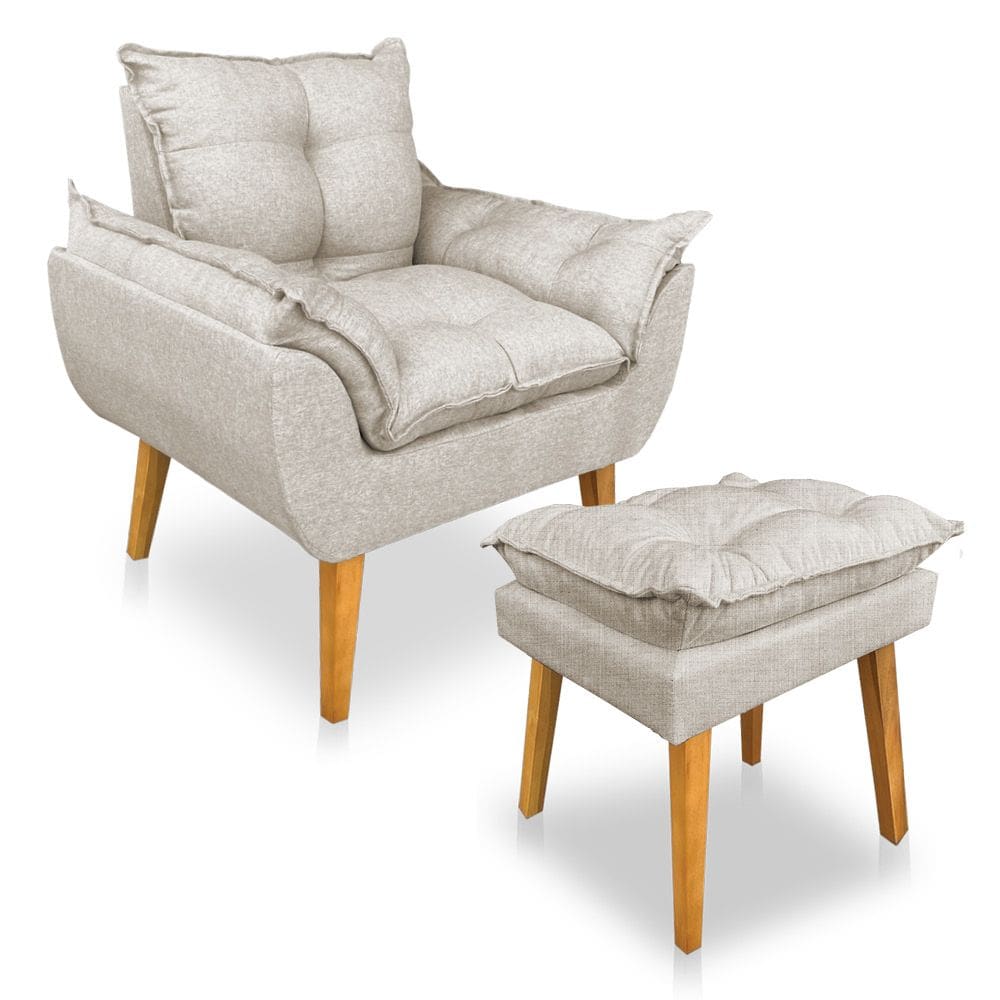 Kit Poltrona Decorativa e Puff Opala Luxo Linho Bege Dal Poz Estofados