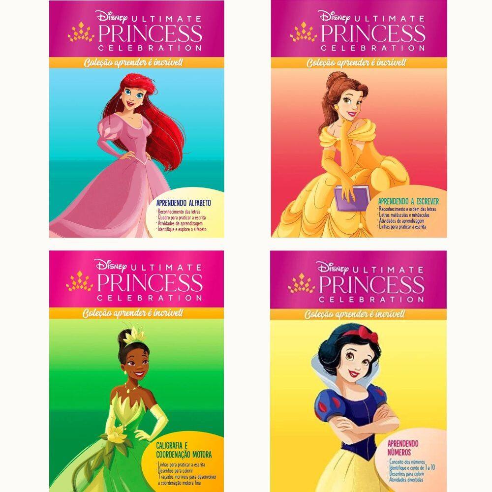Kit 04 Livros Coleção Aprender É Incrível Princesas Disney Aprendendo Escrever, Caligrafia, Alfabeto e Números