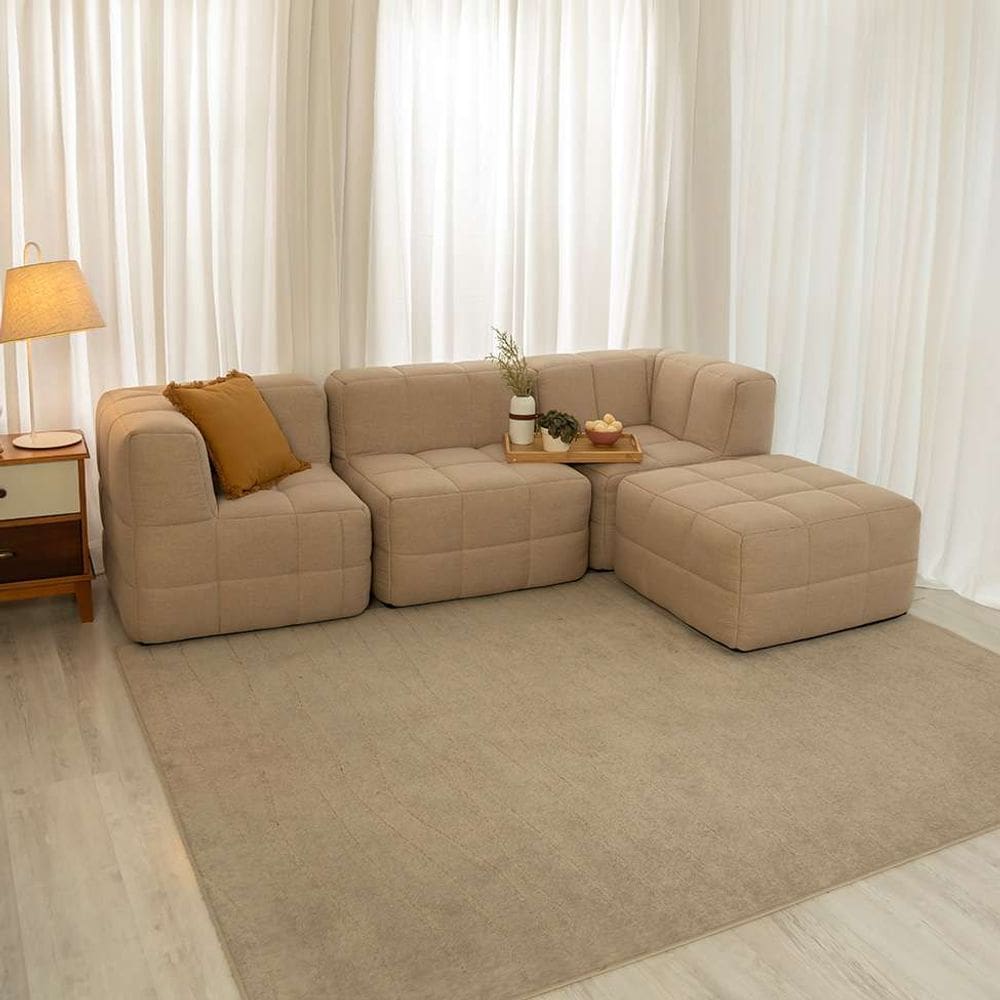 sofá guldi popup com 2 módulos canto central e puff linho bege