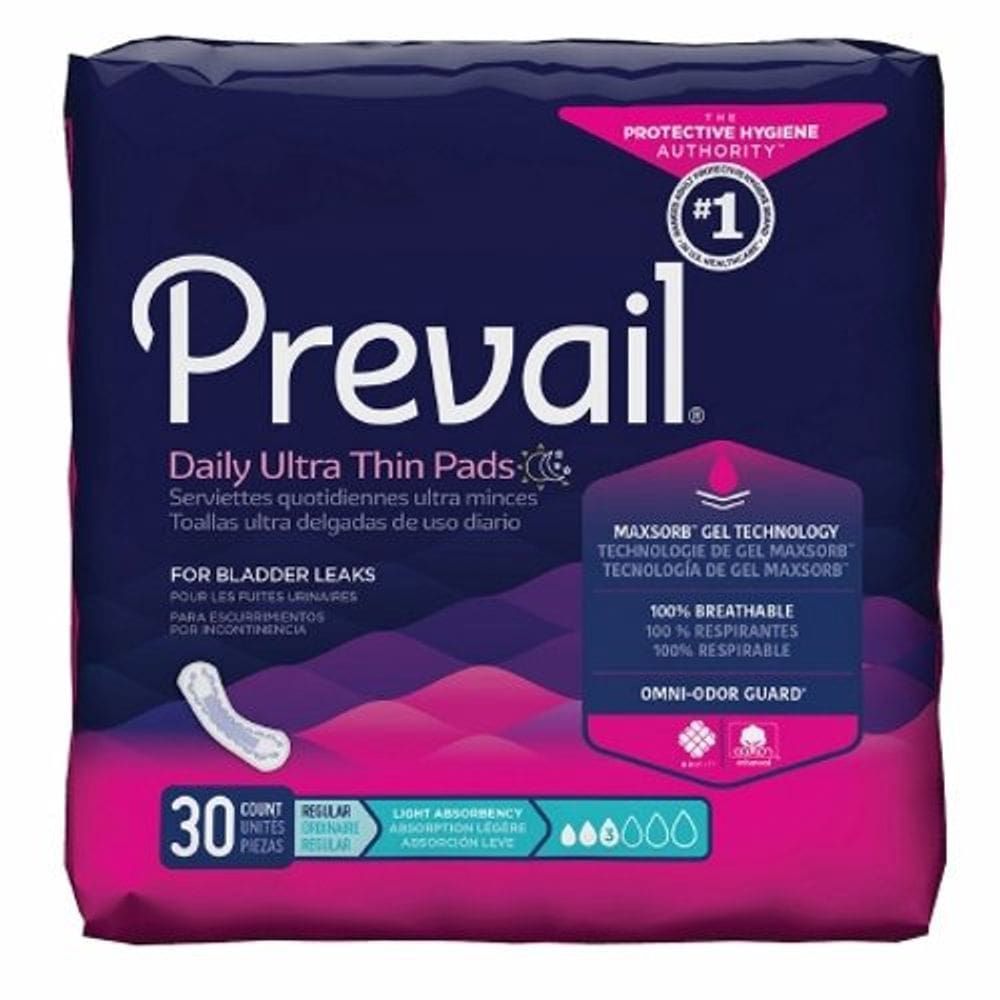 Almofada de controle de bexiga Prevail Daily Pads 9-1/4 polegadas Núcleo de polímero de absorção de luz Tamanho único serve para a maioria dos 30 saco