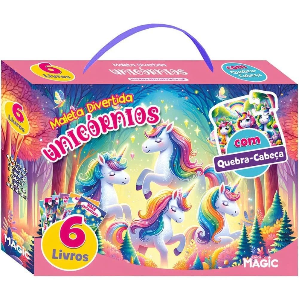 Livro Brinquedo Ilustrado Maleta Divertidsa Unicornios c/ 6 Livros + Quebra Cabeça Magic