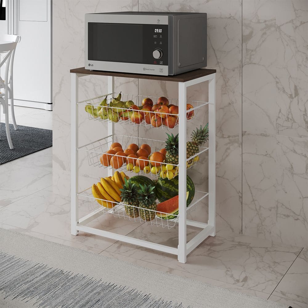 Fruteira com Suporte para Micro-ondas Barcelona Aço Branco Cesto Branco Tampo Amêndoa