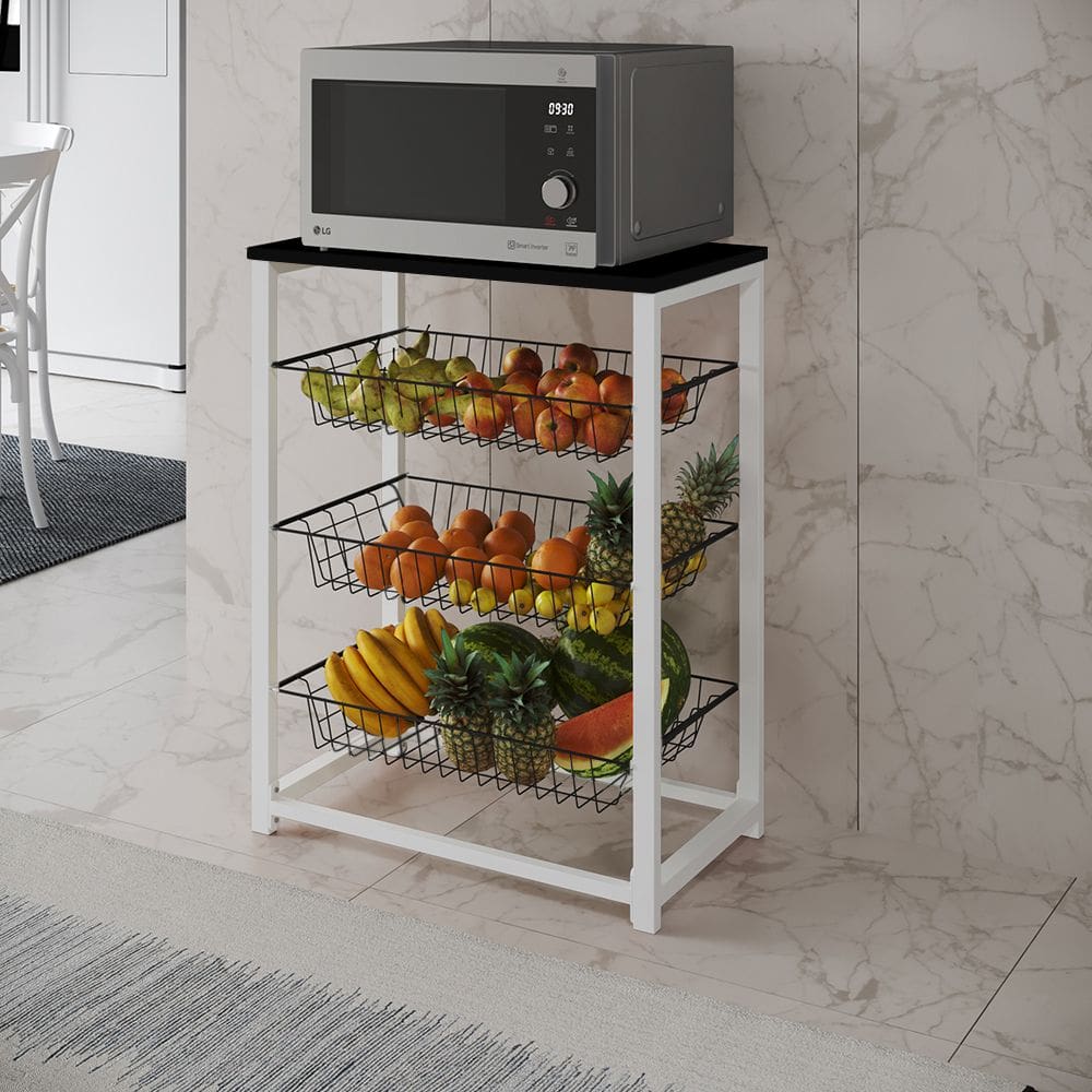 Fruteira com Suporte para Micro-ondas Barcelona Aço Branco Cesto Preto Tampo Preto