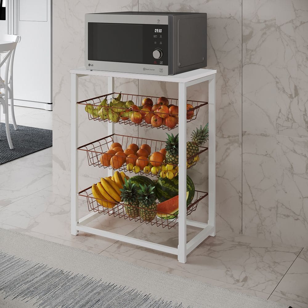 Fruteira com Suporte para Micro-ondas Barcelona Aço Branco Cesto Cobre Tampo Branco