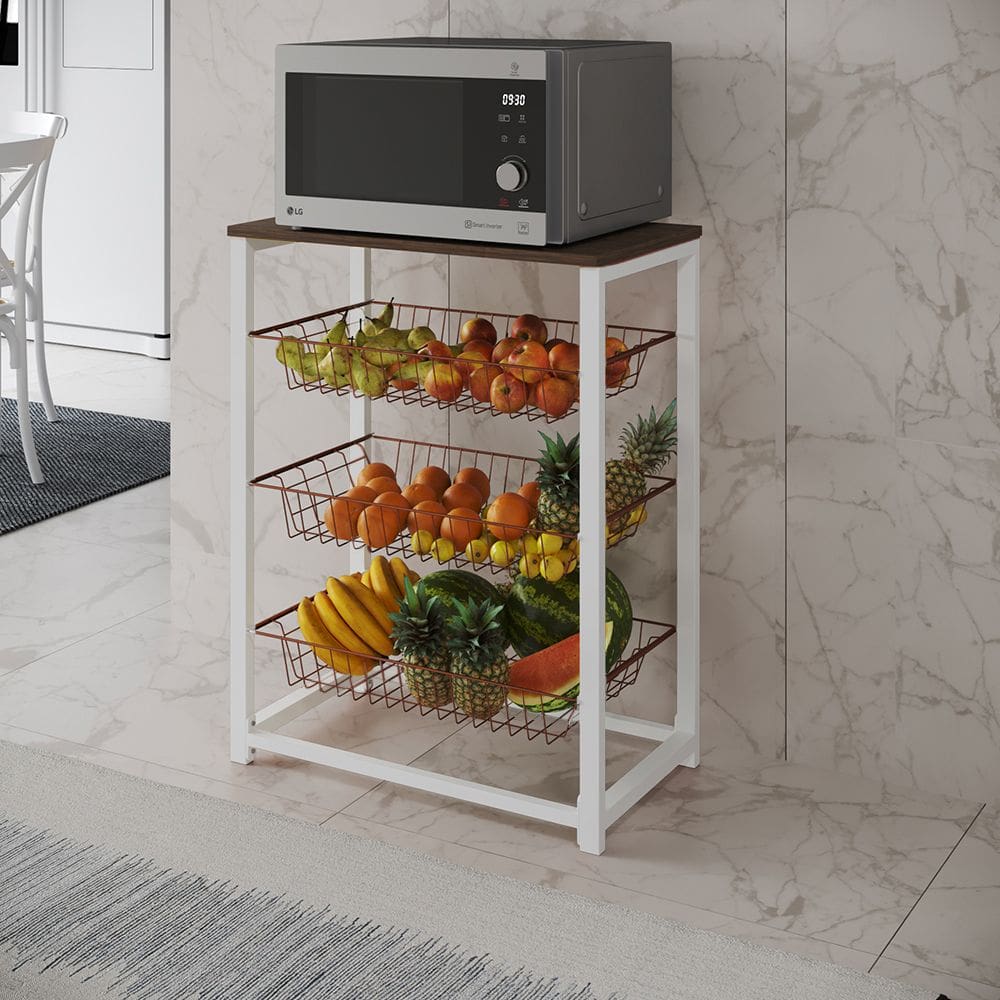Fruteira com Suporte para Micro-ondas Barcelona Aço Branco Cesto Cobre Tampo Amêndoa