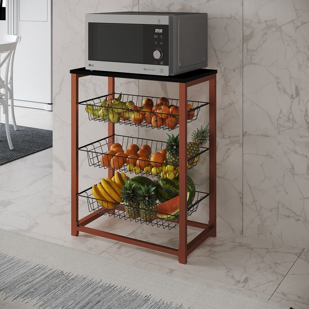 Fruteira com Suporte para Micro-ondas Barcelona Aço Cobre Cesto Preto Tampo Preto
