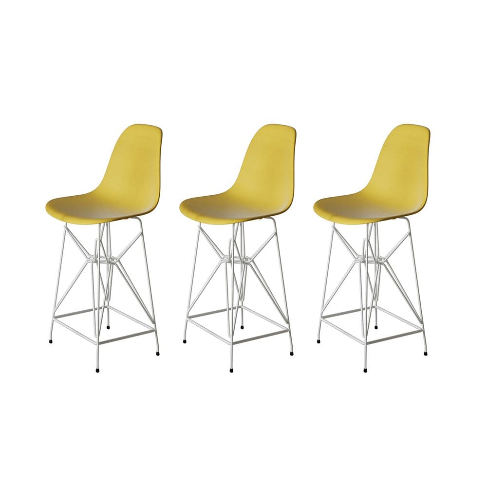 Kit 3 Banquetas Bistrô Alta Eames Eiffel Amarela Base Ferro Branco
