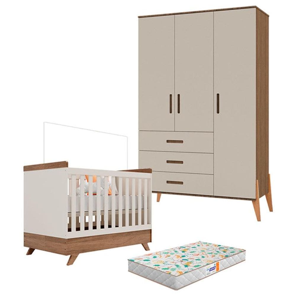 Berço Americano Retro Vitória e Guarda Roupa Infantil Emilly 3 Portas Off White Carvalho com Colchão Gazin - Canaã