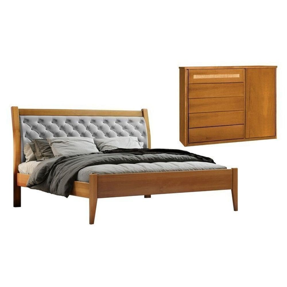 Conjunto Quarto de Casal Cama Queen 160cm e Cômoda Rattan 5 Gavetas com Sapateira Unique Amêndoa Mel/Cinza Claro