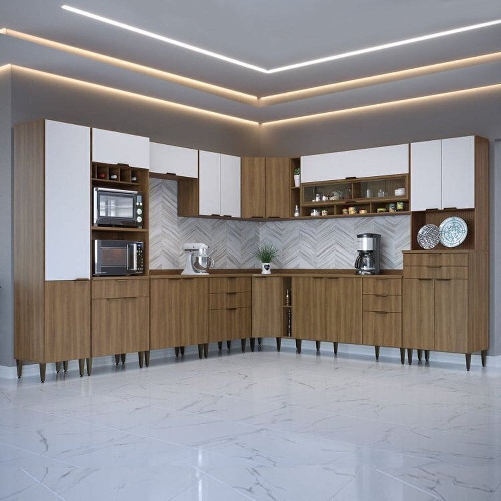 Cozinha Compacta 13 Peças 21 Portas 9 Gavetas Paris Nogal Manchester/ Branco Brilhante