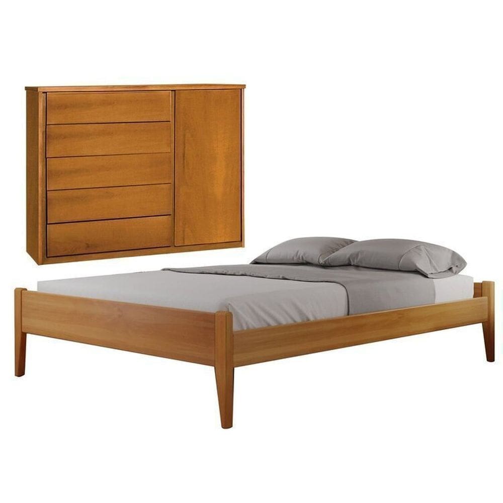 Conjunto Quarto de Casal Cama Queen Madeira Maciça e Cômoda 5 Gavetas Unique Amêndoa Mel