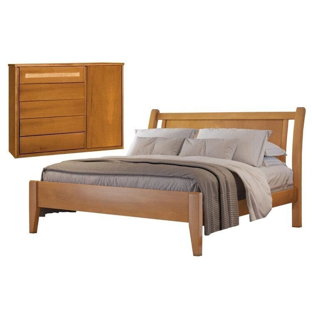 Conjunto Quarto de Casal Cama e Cômoda 5 Gavetas Com Sapateira Ratam Amêndoa Mel