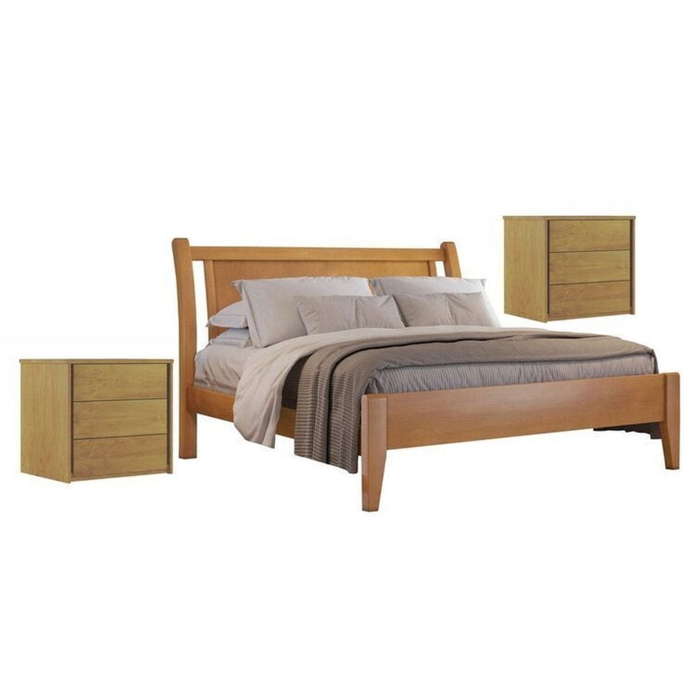 Conjunto Quarto de Casal Cama Queen Madeira Maciça e 2 Mesas de Cabeceira 3 Gavetas Unique Amêndoa Mel