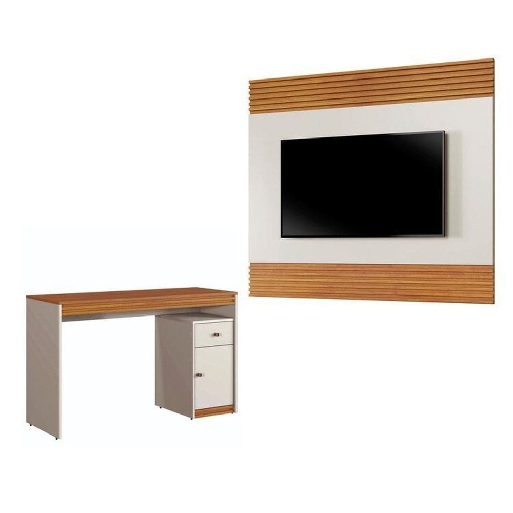 Conjunto Escrivaninha 120cm 1 Porta 1 Gaveta Madrid e Painel para Tv até 58 Polegadas 160cm Madrid Off White/Naturale