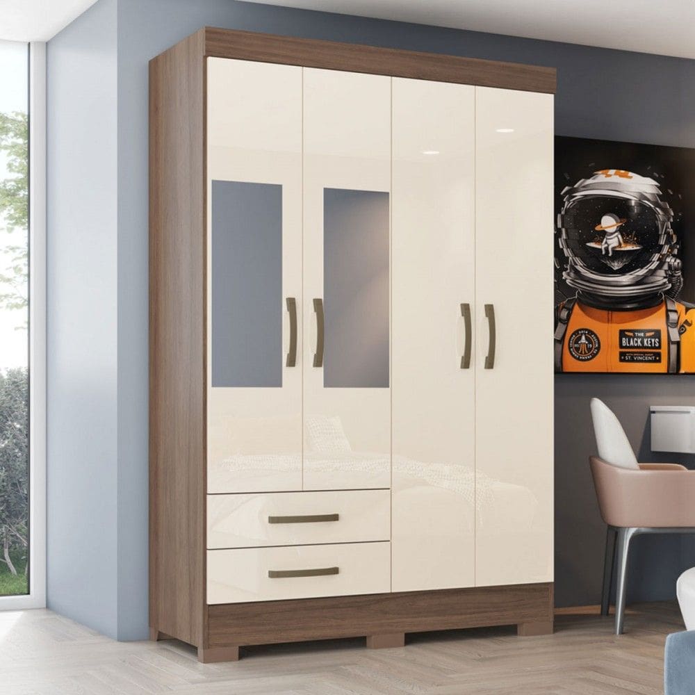 Guarda-Roupa Solteiro Fabuloso 4 Portas 2 Gavetas com Espelho Castanho Off White - Henn