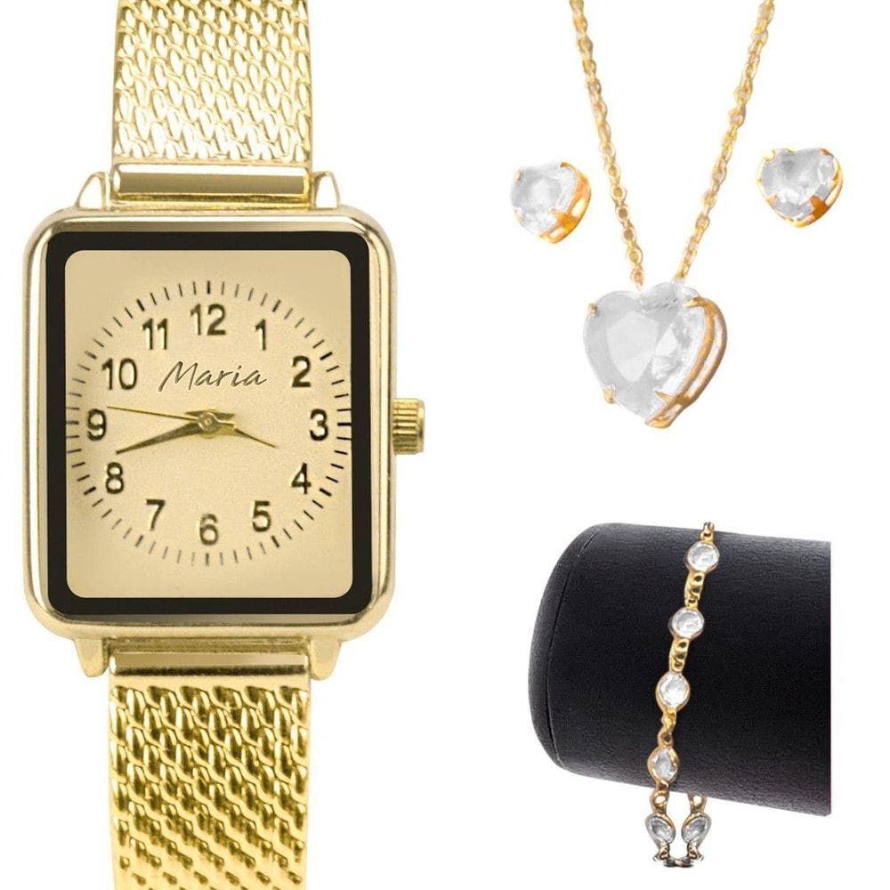 Relogio Feminino Banhado + Pulseira + Colar Brincos Social