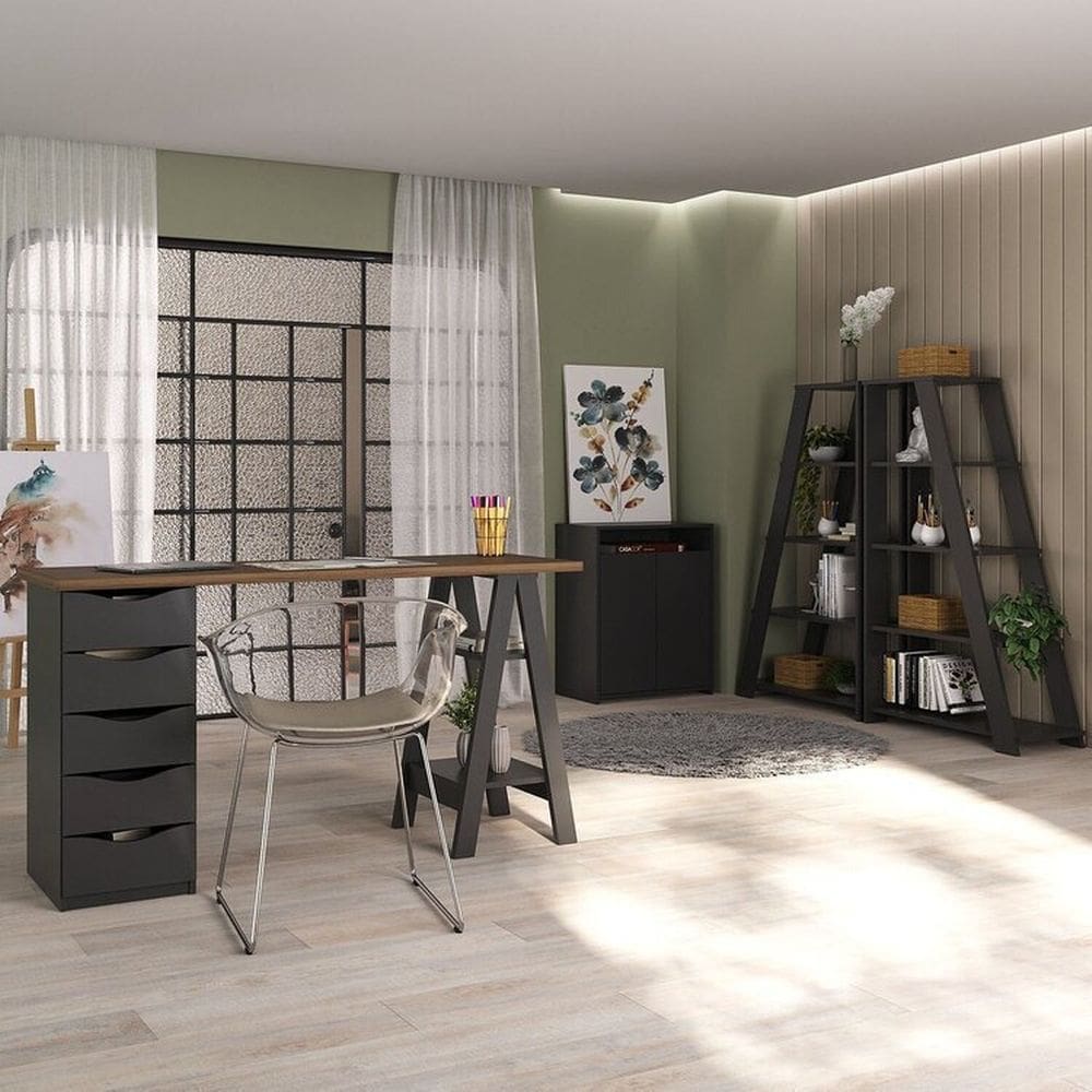 Conjunto para Escritório 4 Peças Escrivaninha Spirit Balcão Cool e 2 Estante Star Nogal/Preto