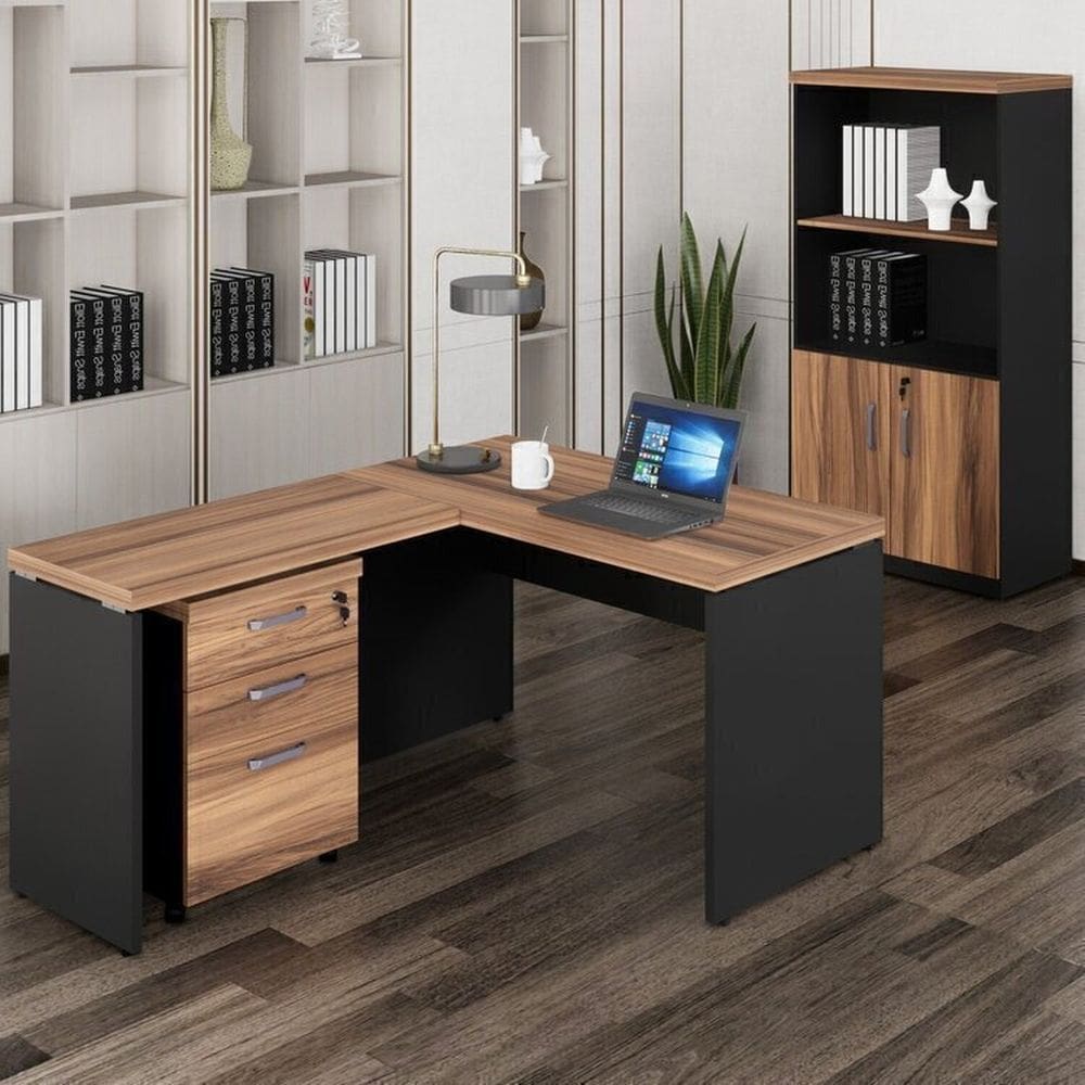 Mesa de Escritório em L com Gaveteiro e Armário Estante Espresso Móveis Marrom/Preto