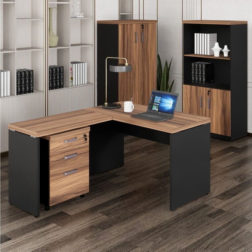 Mesa de Escritório em L com Gaveteiro, Armário Estante e Armário Fechado Espresso Móveis Marrom/Preto