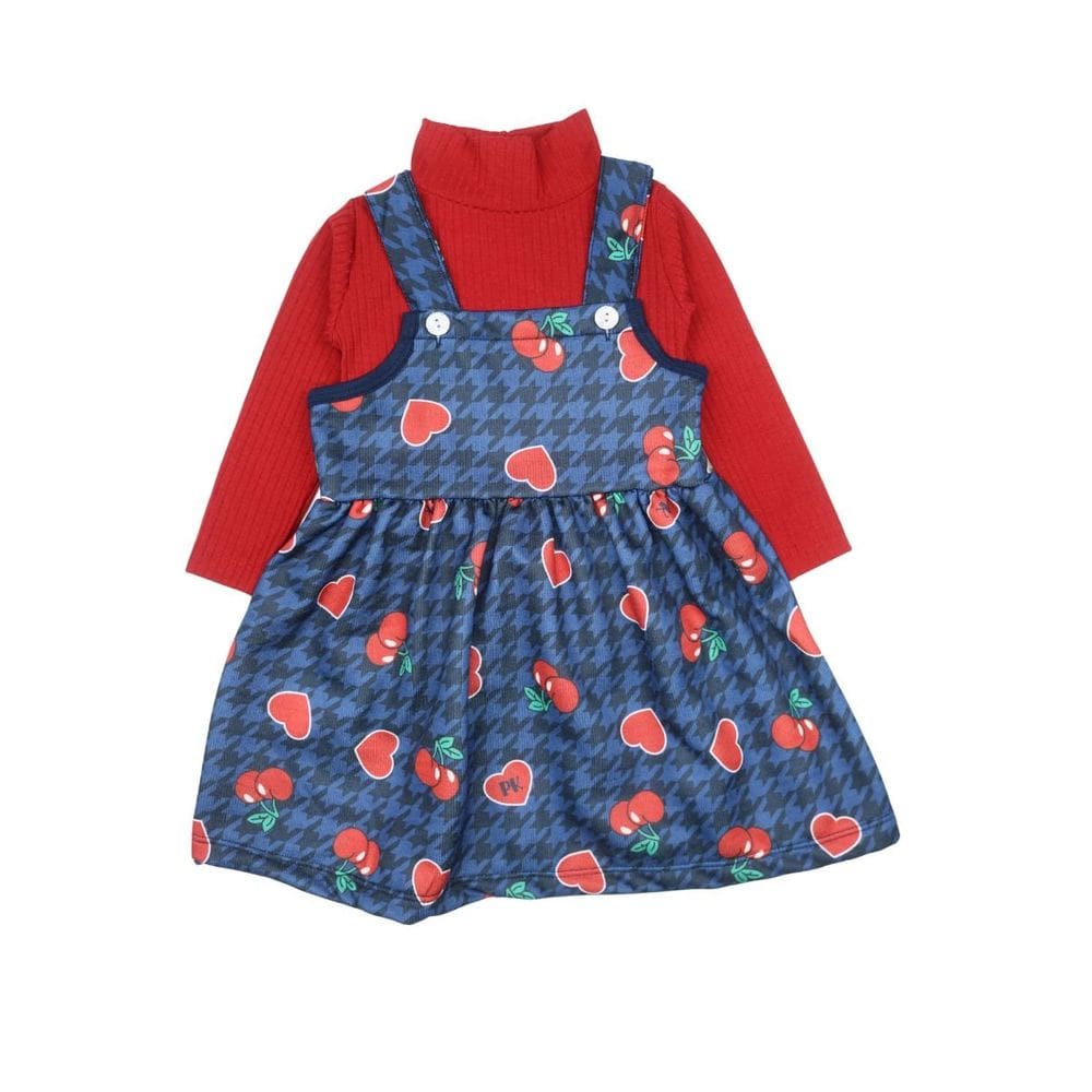 Jardineira Moletom Flanelado com Corações e Blusa Vermelha