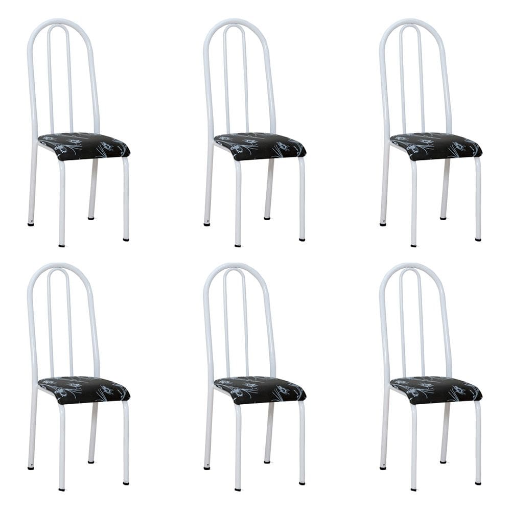 Kit 6 Cadeiras de Cozinha Flórida Estampado Preto Florido Pés de Ferro Branco - Pallazio