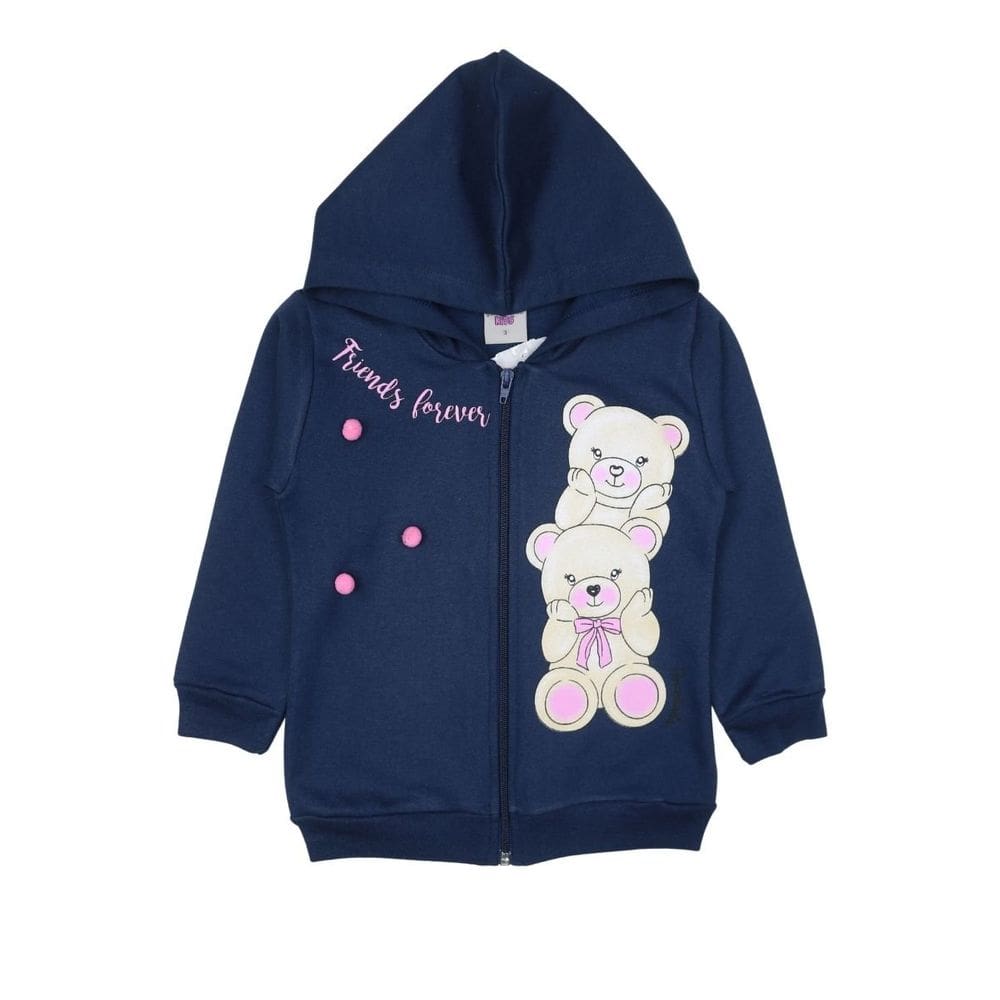 Jaqueta Moletom Flanelado Azul Marinho Menina com Ursinho