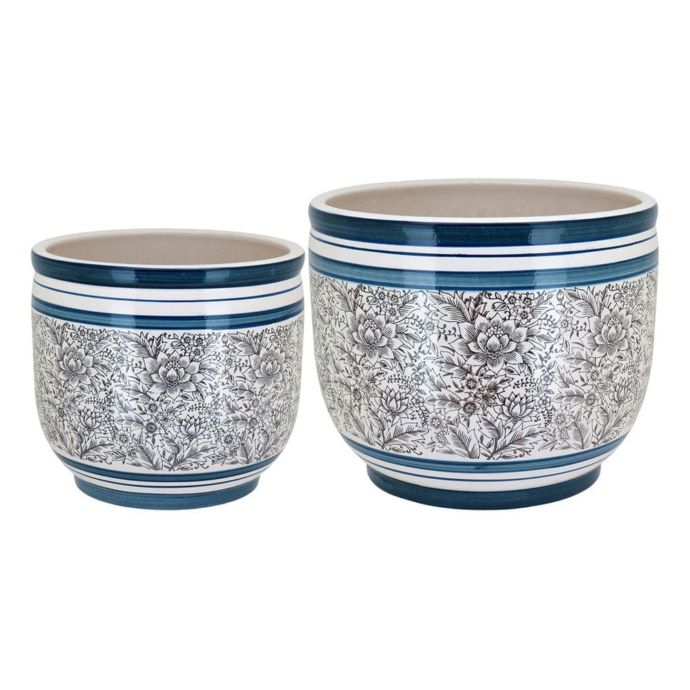 Jg 2Pç Cachepô Cerâmica Azul Vaso Decorativo Planta