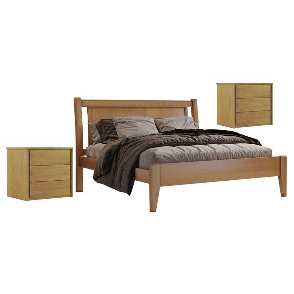 Conjunto Quarto de Casal Cama em Madeira Maciça 140cm e 2 Mesas de Cabeceira 3 Gavetas Unique Amêndoa Mel