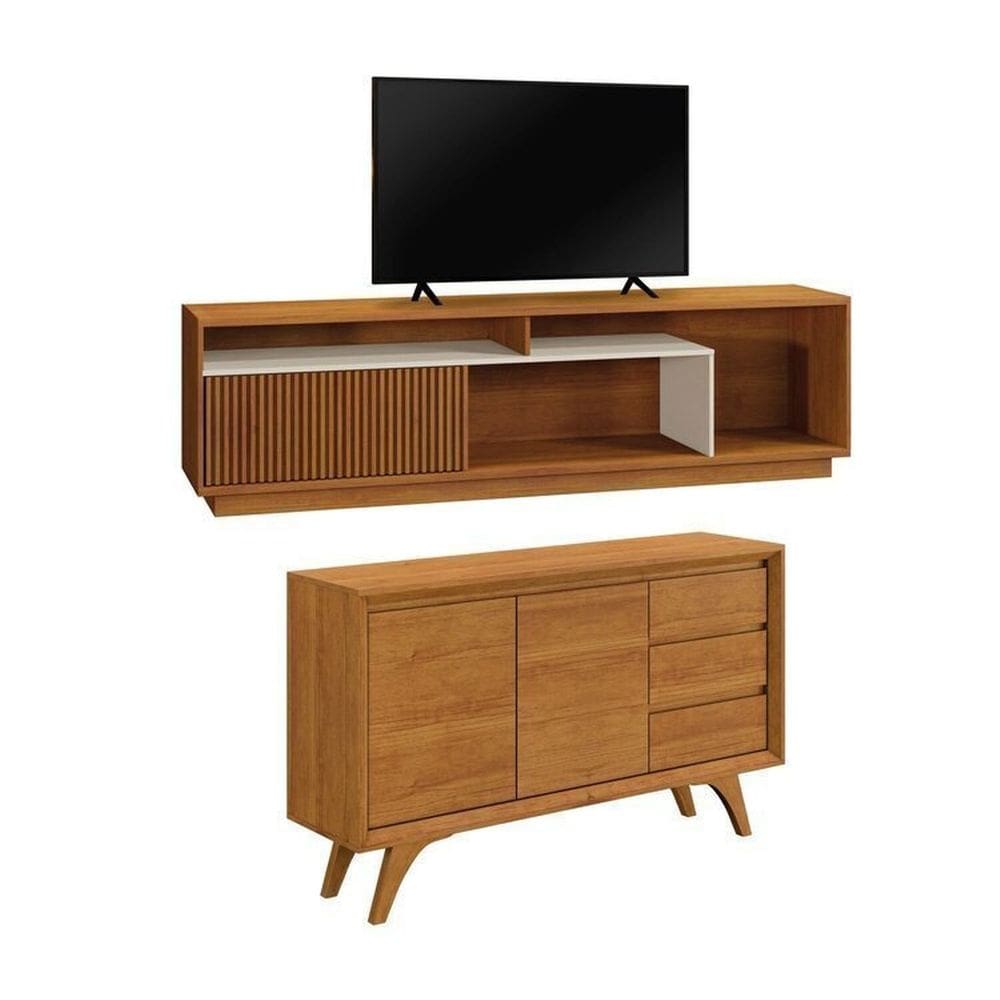 Conjunto Rack para Tv até 75 Polegadas Granada e Buffet Piazza 2 Portas Naturale/Off White