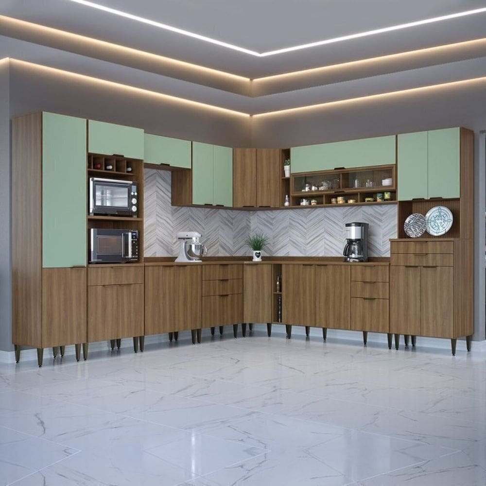 Cozinha Compacta 13 Peças 21 Portas 9 Gavetas Paris Nogal Manchester/ Verde Matte