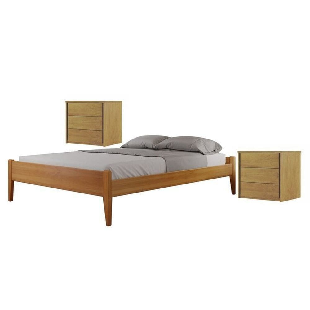 Conjunto Quarto de Casal Cama em Madeira Maciça e 2 Mesas de Cabeceira 3 Gavetas Unique Amêndoa Mel