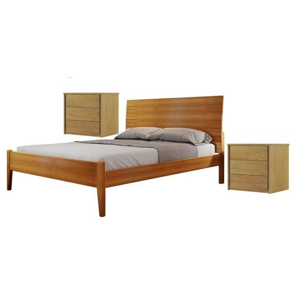 Conjunto Quarto de Casal Cama Queen Madeira Maciça e 2 Mesas de Cabeceira 3 Gavetas Unique Amêndoa Mel