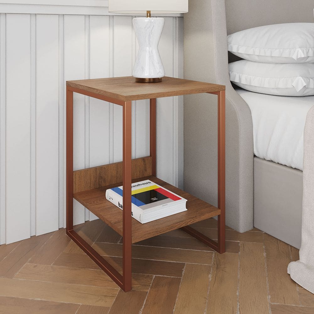Mesa Cabeceira Lateral de Cama Industrial Amêndoa Tókio Base Cobre