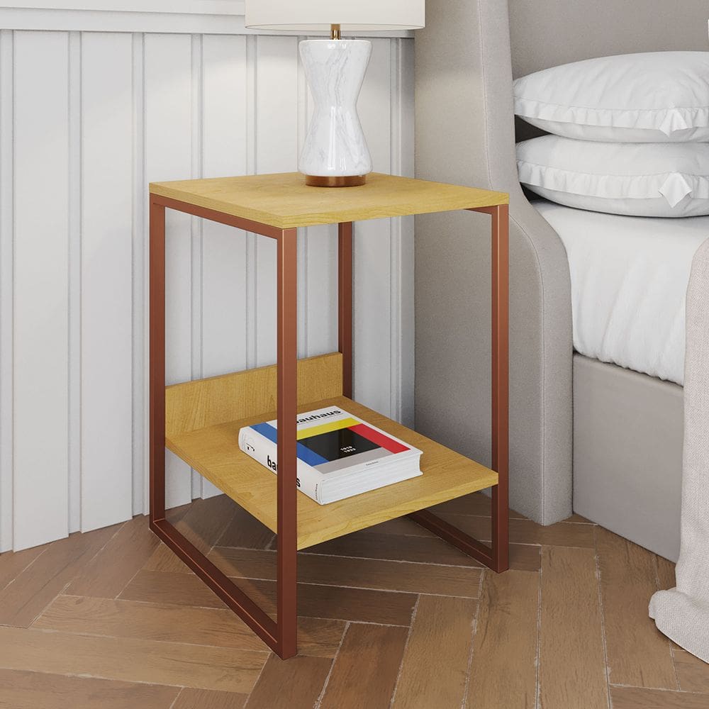 Mesa Cabeceira Lateral de Cama Industrial Canela Tókio Base Cobre 
