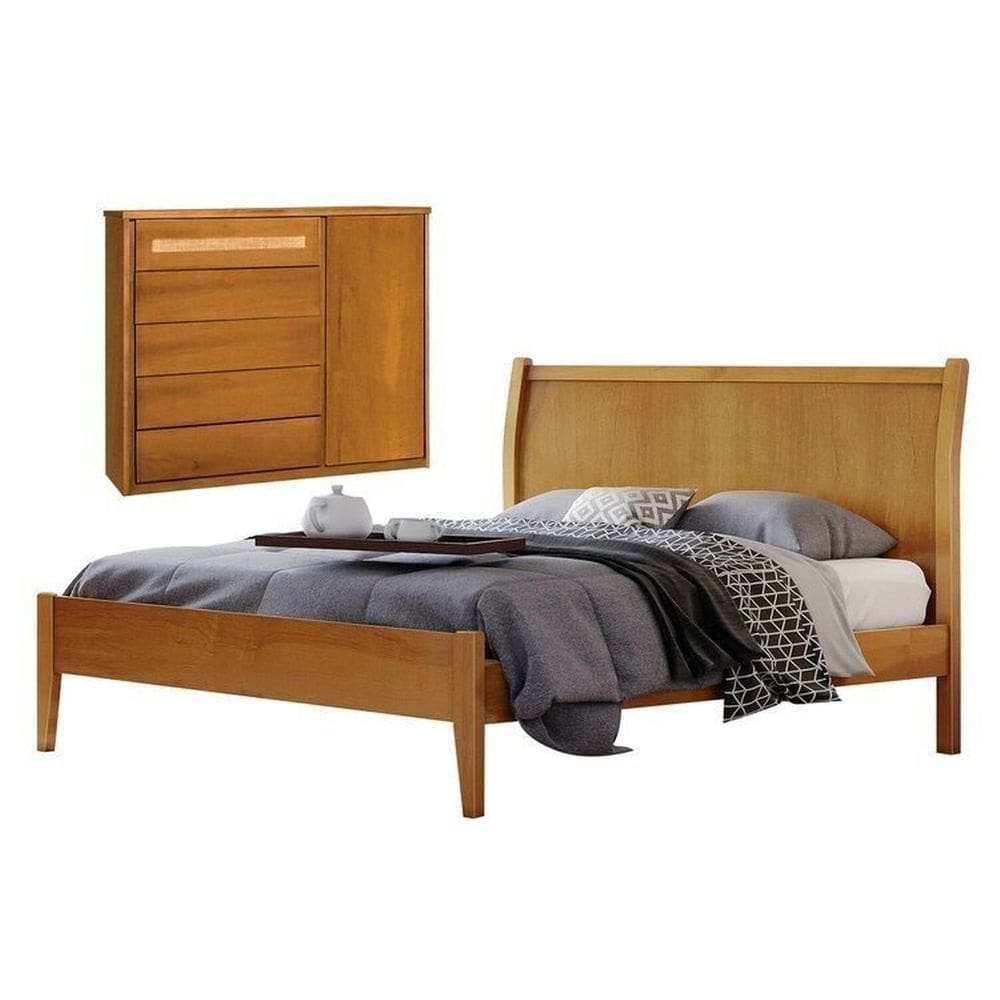 Conjunto Quarto de Casal Cama Queen 160cm e Cômoda Rattan 5 Gavetas com Sapateira Amêndoa Mel