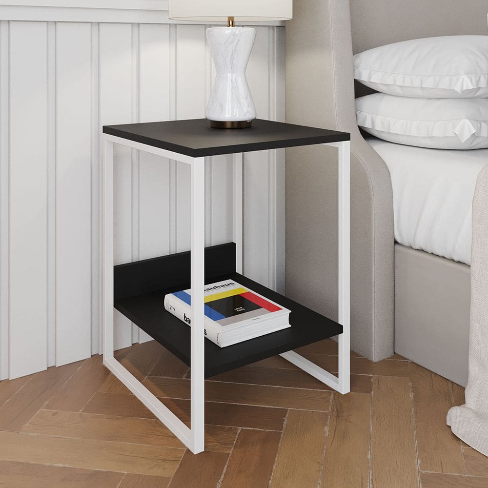 Mesa Cabeceira Industrial Lateral de Cama Preta Tókio Base Ferro Branco