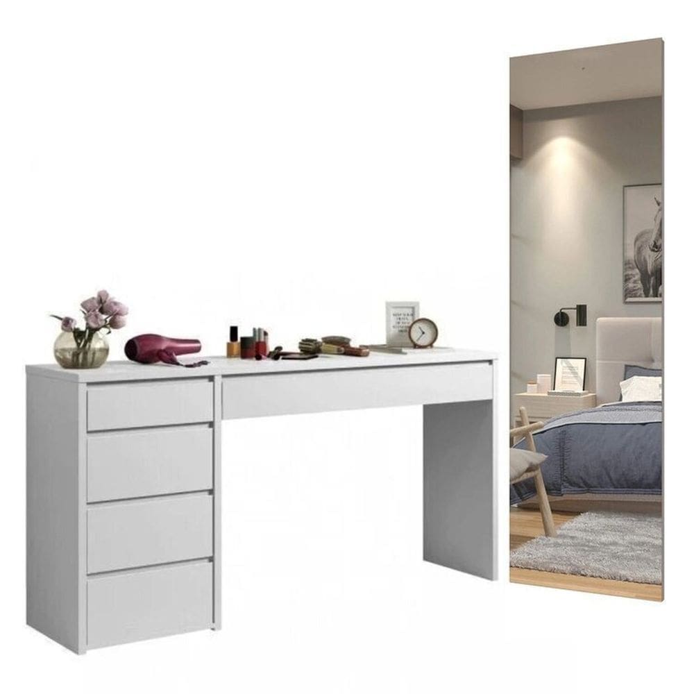 Conjunto Escrivaninha 5 Gavetas Berlim e Espelho Retangular 180cm Flora Branco
