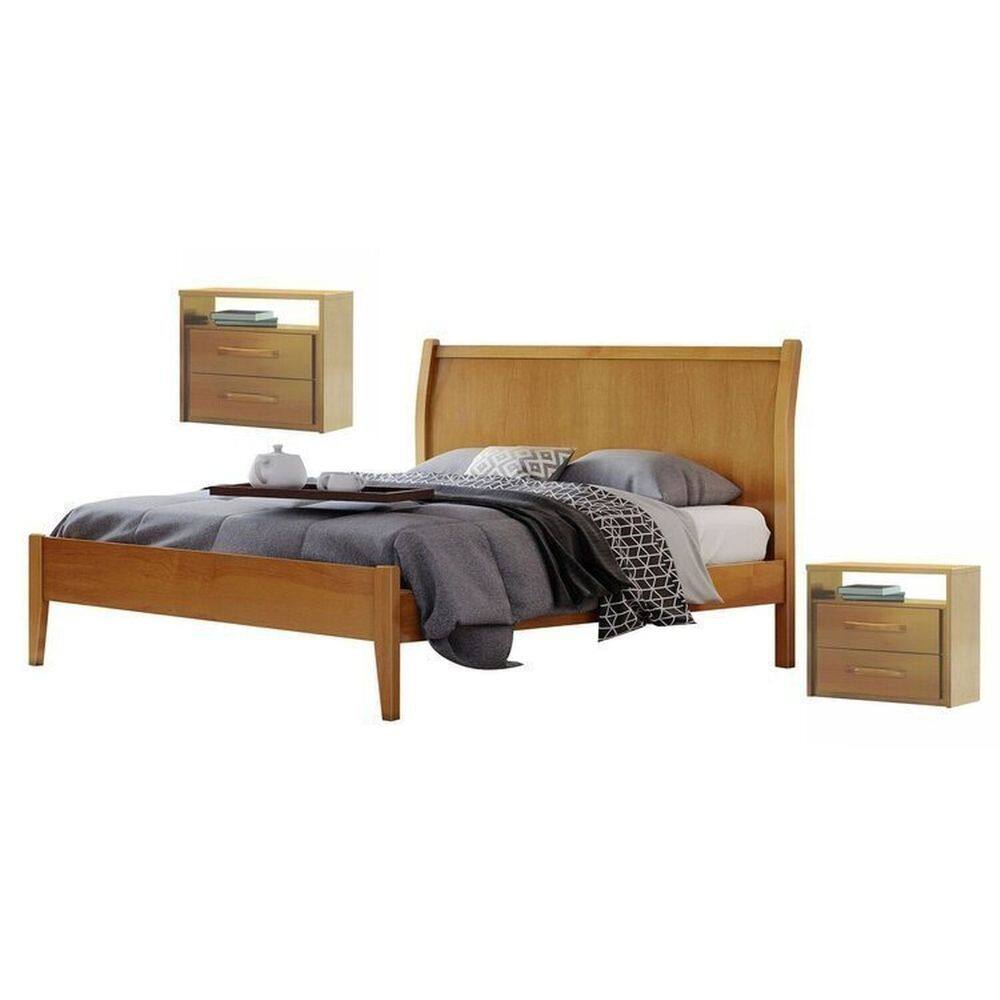 Conjunto Quarto de Casal Cama Queen 160cm e 2 Mesas de Cabeceira 2 Gavetas Amêndoa Mel