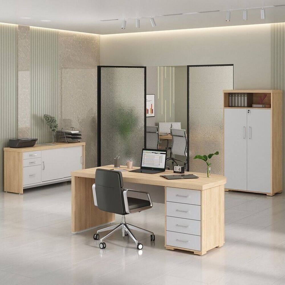 Conjunto para Escritório 3 Peças Mesa Tamburato com Gavetas Ld Armário com Nicho e Balcão 3 Gavetas Carvalho/Branco