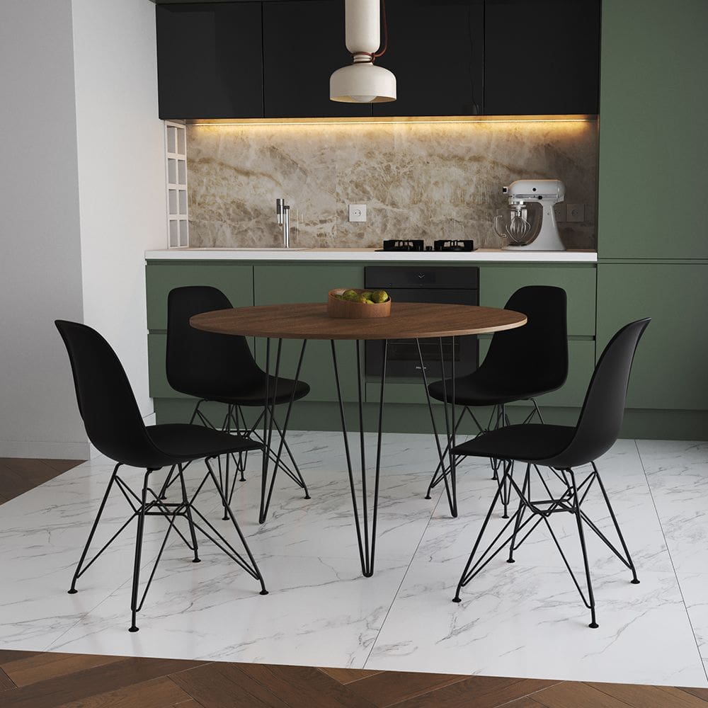 Mesa de Jantar Premium Redonda 90cm Amêndoa Clips 3 Pés com 4 Cadeiras Eames Eiffel Pretas Ferro Pre
