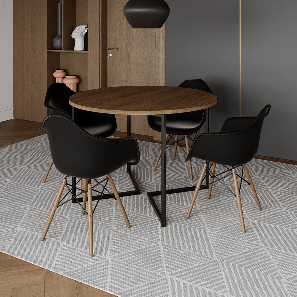 Mesa Jantar Industrial Premium Amêndoa 110cm Redonda Base V Ferro Preto com 4 Poltronas Eiffel Preta