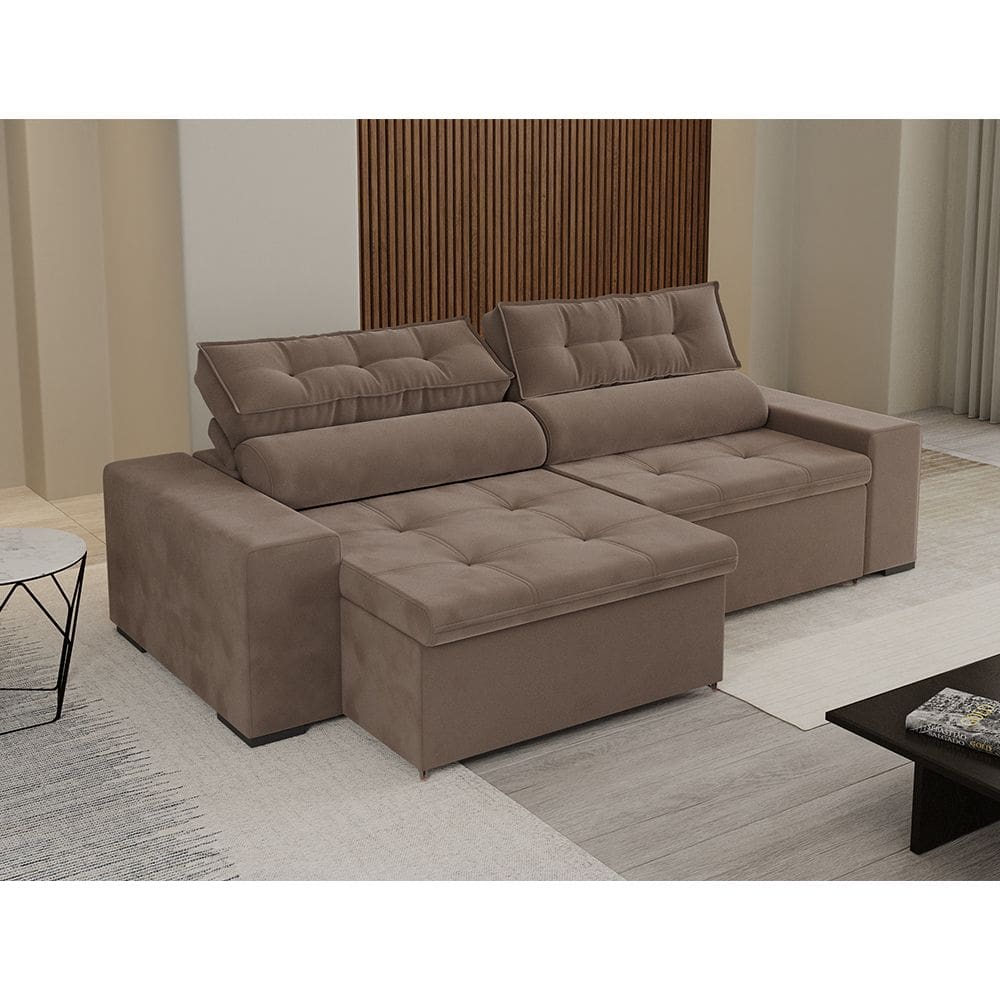 Sofá Premium com Molas Bonel Retrátil e Reclinável Florenza 2,30m Bege- Casa Prime