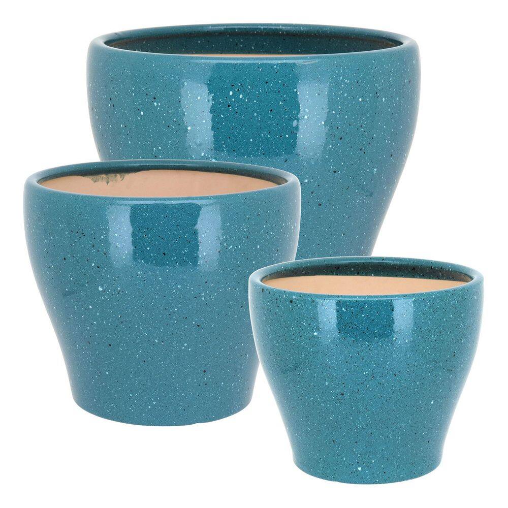 Jg 3Pç Cachepô Cerâmica Azul Vaso Decorativo Planta