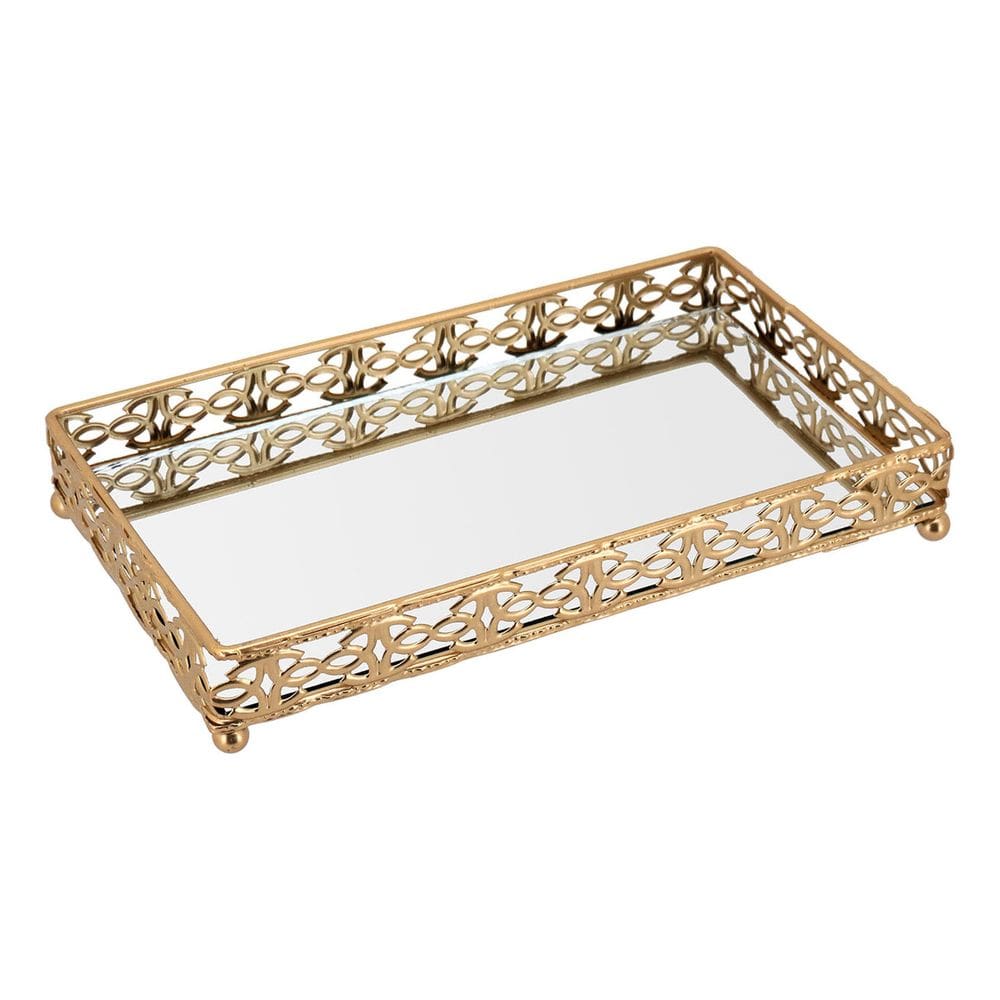 BANDEJA ESPELHADO METAL 3x22x13cm DOURADO DECORATIVO PARA SERVIR LAVABO