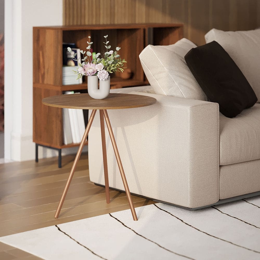 Mesa Lateral Decorativa Gabriela Base Cobre Tampo Redondo Amêndoa - Casa Prime
