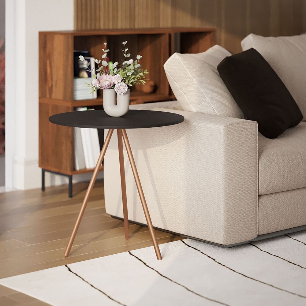 Mesa Lateral Decorativa Gabriela Base Cobre Tampo Redondo Preto - Casa Prime