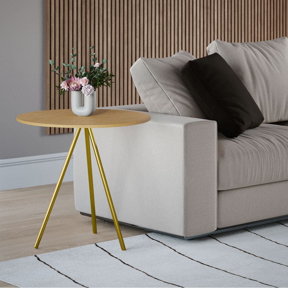 Mesa Lateral Decorativa Gabriela Base Dourada Tampo Redondo Canela - Casa Prime