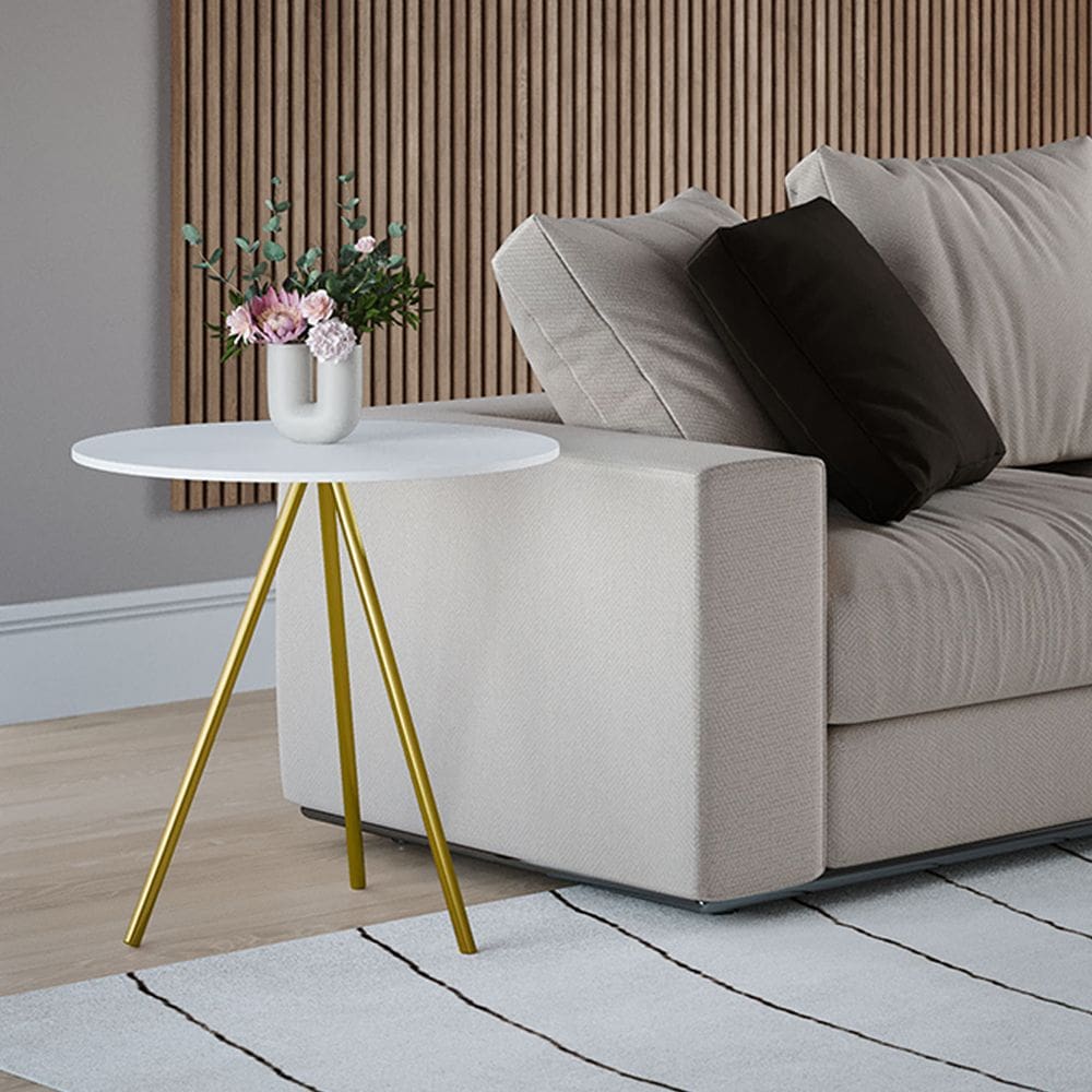 Mesa Lateral Decorativa Gabriela Base Dourada Tampo Redondo Branco - Casa Prime