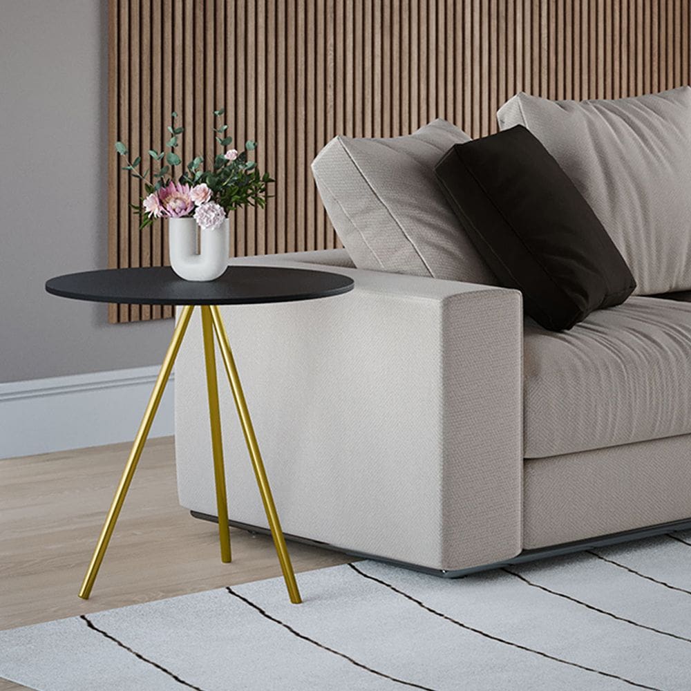 Mesa Lateral Decorativa Gabriela Base Dourada Tampo Redondo Preto - Casa Prime