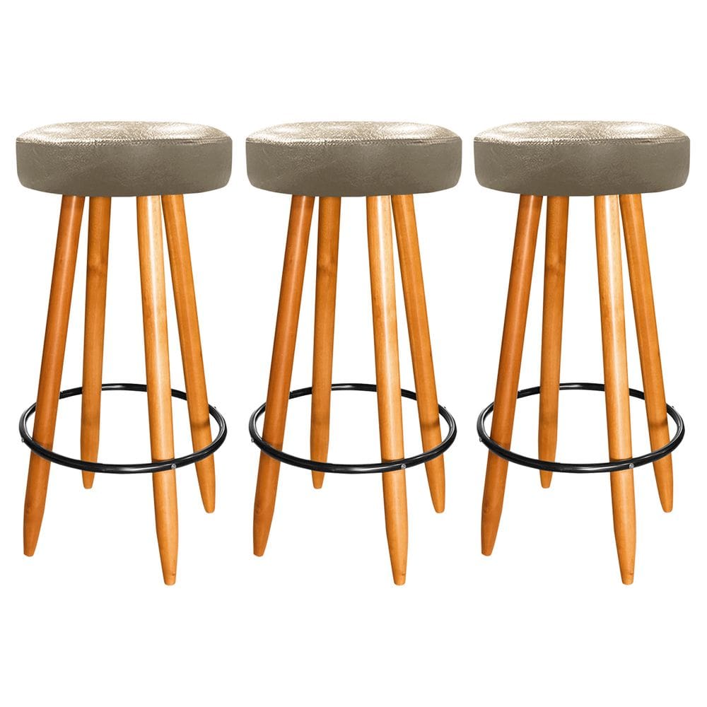 Kit 3 Banqueta Madeira Industrial Balcão Bar Courino Bege